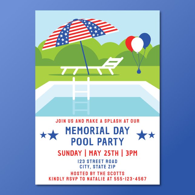 Memorial Day Pool Party Stars And Stripes Modern Invitation (Patriotic Memorial Day pool party invitation)