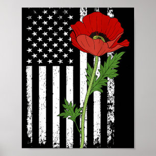 Memorial Day Red Poppy American Flag Veteran Milit Poster