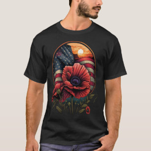 Memorial Day Red Poppy Flower USA Flag 4th of July T-Shirt