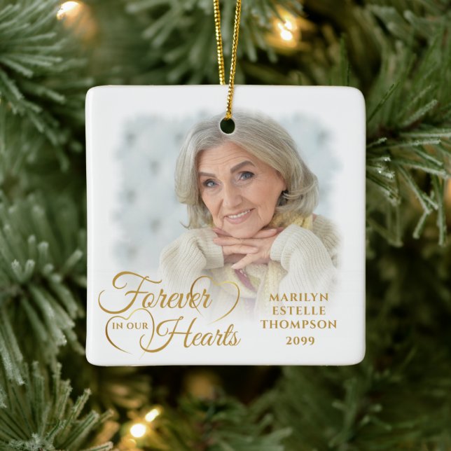 Memorial FOREVER IN OUR HEARTS 2 Photo Gold Ceramic Ornament (Tree)