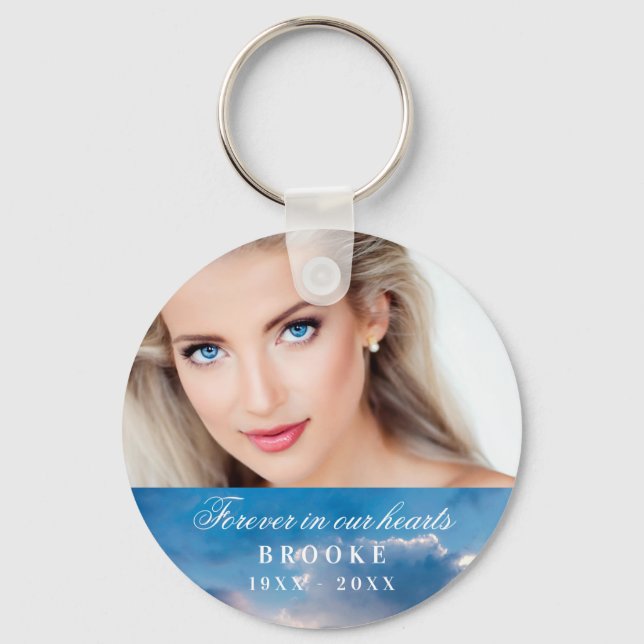 Memorial forever in our hearts photo blue sky  keychain (Front)