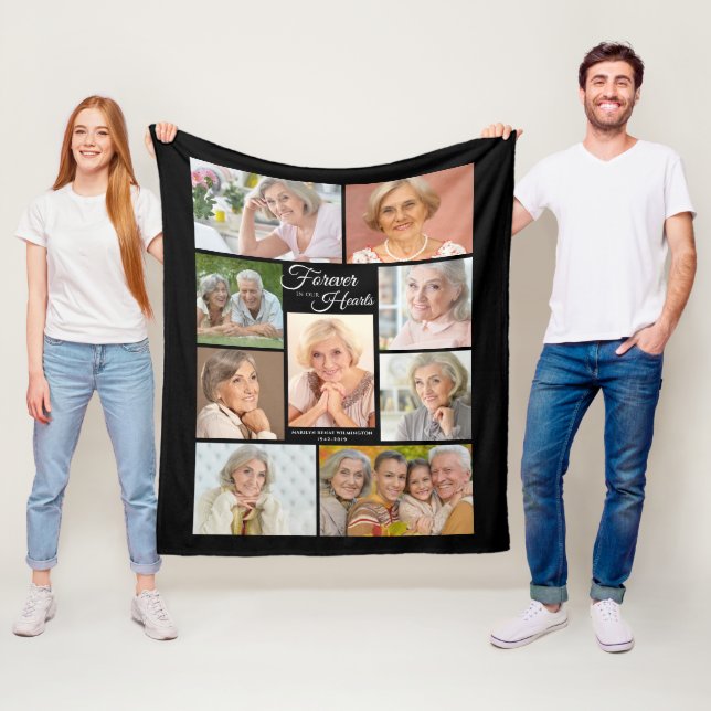 Memorial FOREVER IN OUR HEARTS Photo Collage Black Fleece Blanket (In Situ)