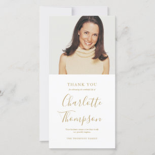 Memorial Funeral Elegant Gold Script Photo Thank You Card