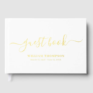 Memorial Funeral Elegant Script Gold White Guest Book