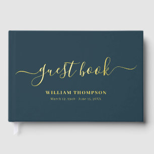 Memorial Funeral Elegant Script Navy Gold Guest Book