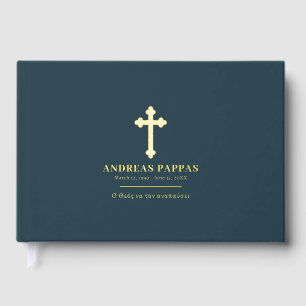 Memorial Funeral Greek Orthodox Navy Blue Gold Guest Book