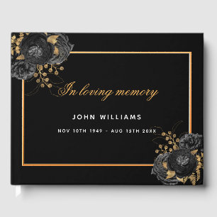 Memorial funeral loving memory black gold floral guest book