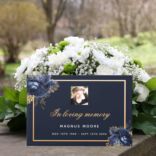Memorial funeral loving memory blue floral photo guest book (Creator Uploaded)