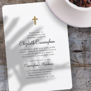 Memorial Funeral   Minimalist with Faux Gold Cross Invitation