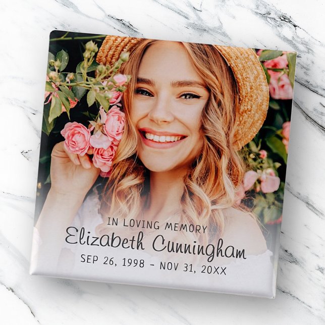 Memorial Funeral Modern Simple Cursive Photo 2 Inch Square Button (Creator Uploaded)