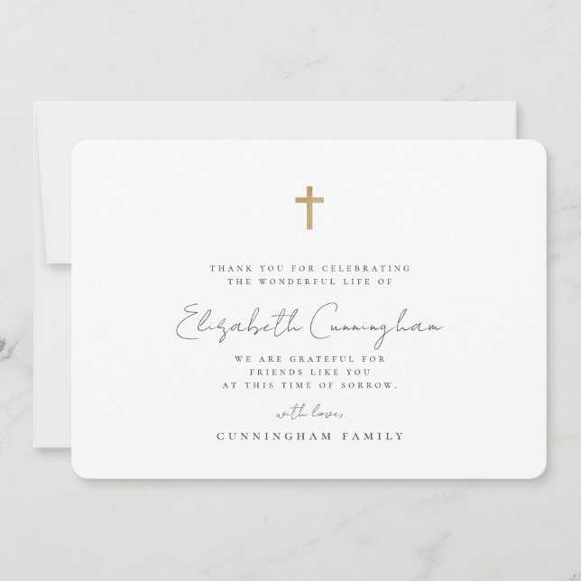 Memorial Funeral Modern Simple Faux Gold Cross Thank You Card (Front)