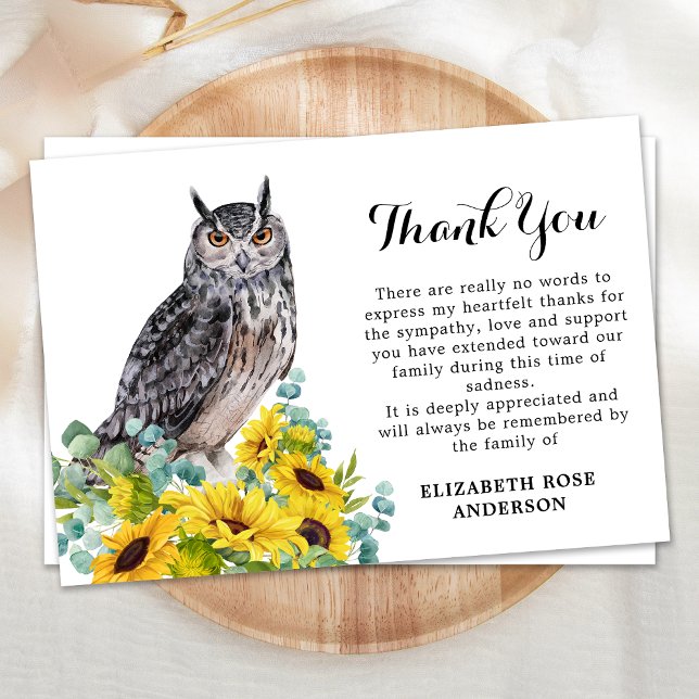 Memorial Funeral Owl Sunflowers Sympathy Thank You Card (Creator Uploaded)