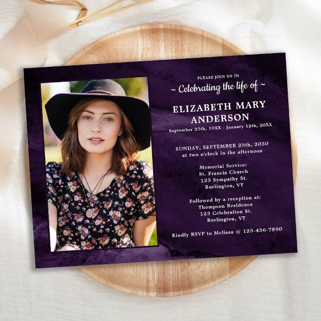 Memorial Funeral Purple Marble Celebration Life Invitation Postcard (Creator Uploaded)