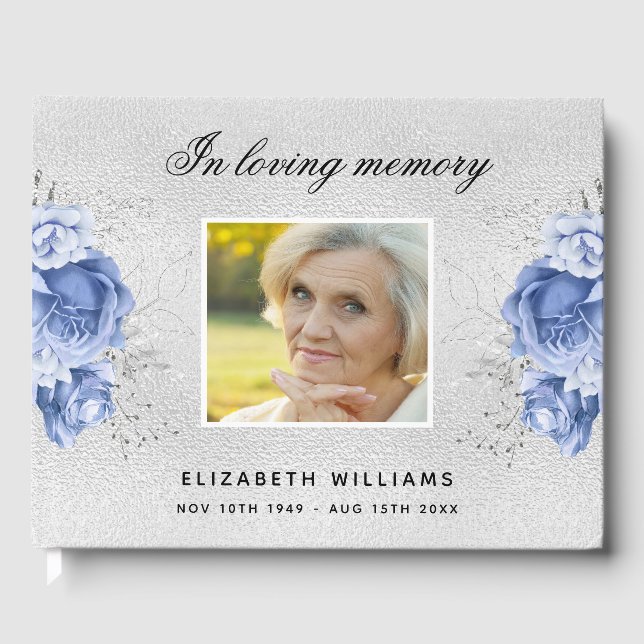 Memorial funeral silver blue flowers photo guest book (Front)