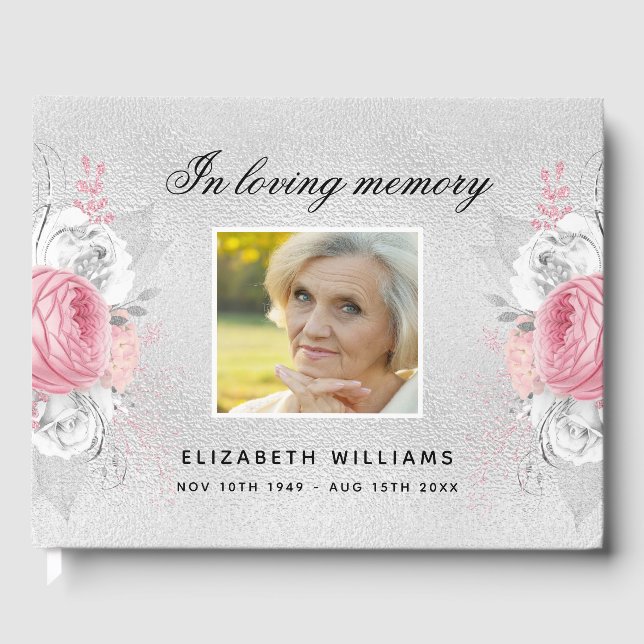 Memorial funeral silver pink florals photo guest book (Front)