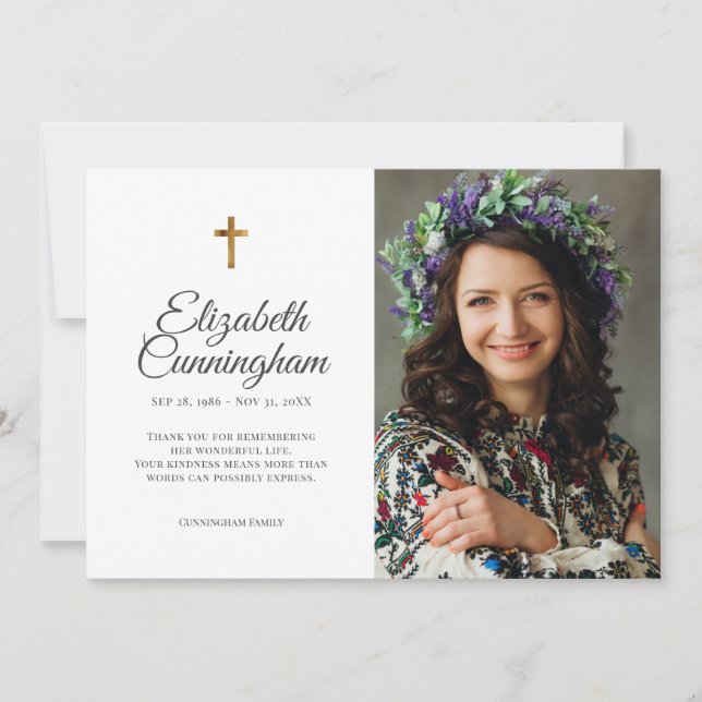 Memorial Funeral Simple Modern Cross Photo Thank You Card (Front)