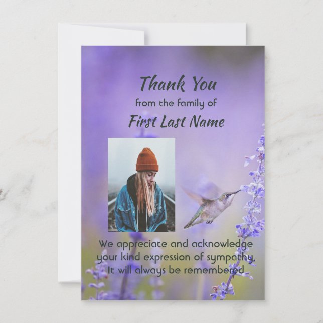 Memorial  Hummingbird Lavender Thank you Card (Front)