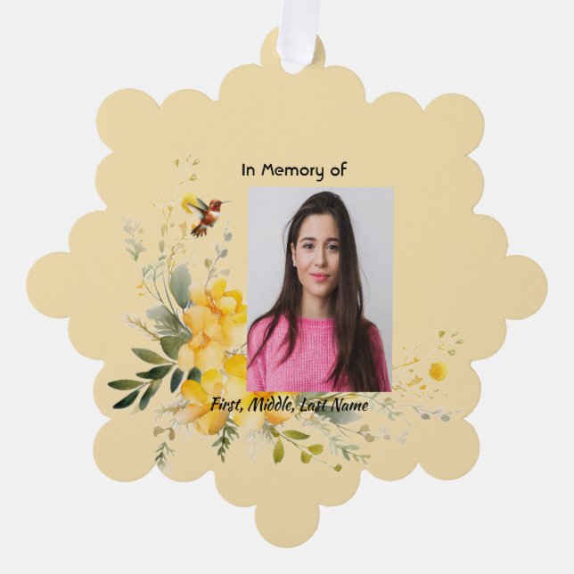  Memorial  Hummingbird Yellow Roses  Ornament Card (Front)