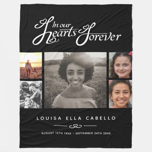 Memorial in hearts forever photo black white fleece blanket (Front)