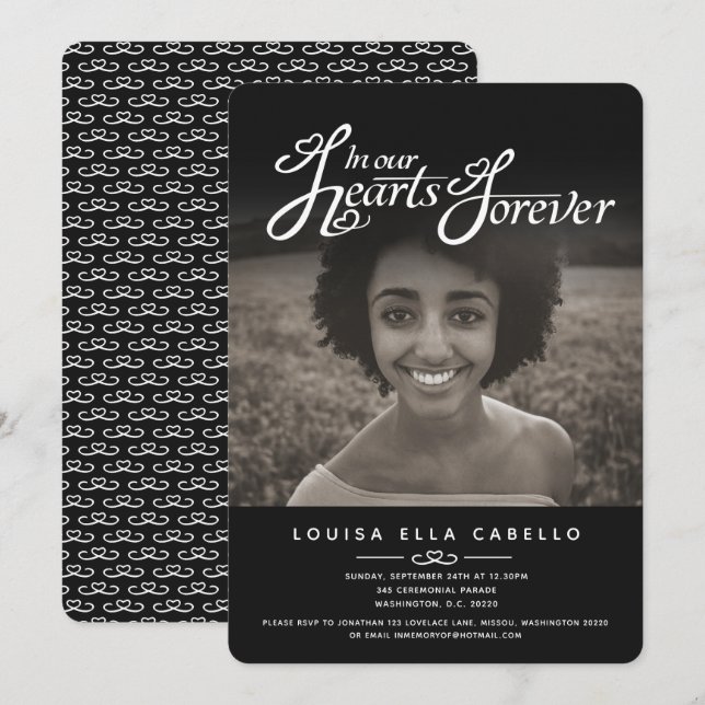 Memorial in hearts photo funeral black invitations (Front/Back)