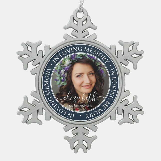 Memorial In Loving Memory Elegant Classic Photo Snowflake Pewter Christmas Ornament (Front)