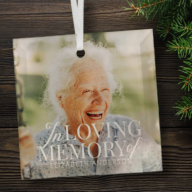 Memorial In Loving Memory Modern Elegant Photos Glass Ornament (Creator Uploaded)
