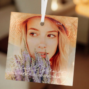 Memorial In Loving Memory Modern Heart Photo Glass Ornament