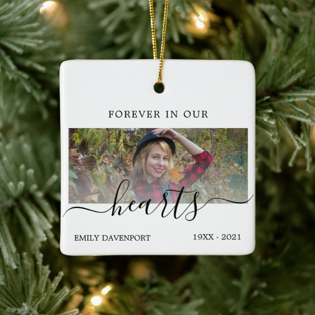 Memorial in our hearts simple elegant photo ceramic ornament (Tree)