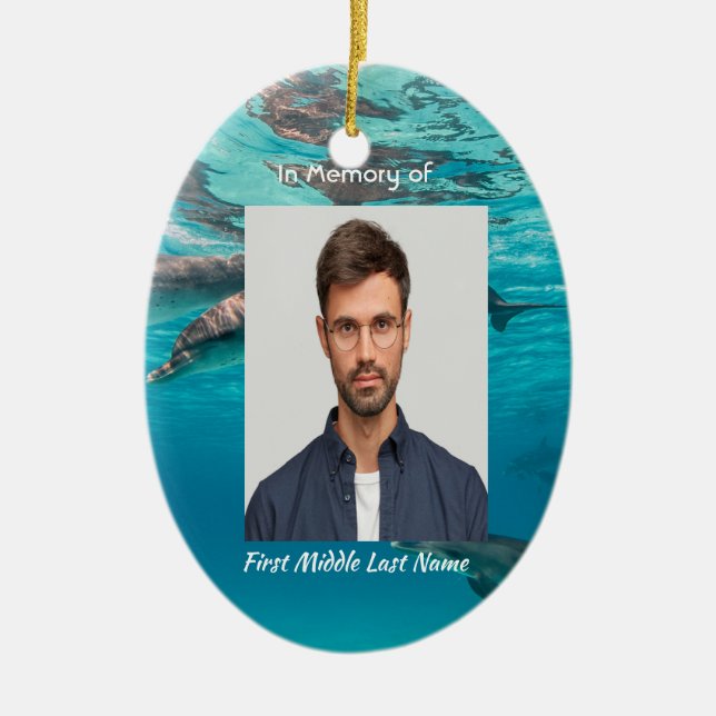 Memorial  Keepsake Dolphins Underwater Ocean Ceramic Ornament (Front)