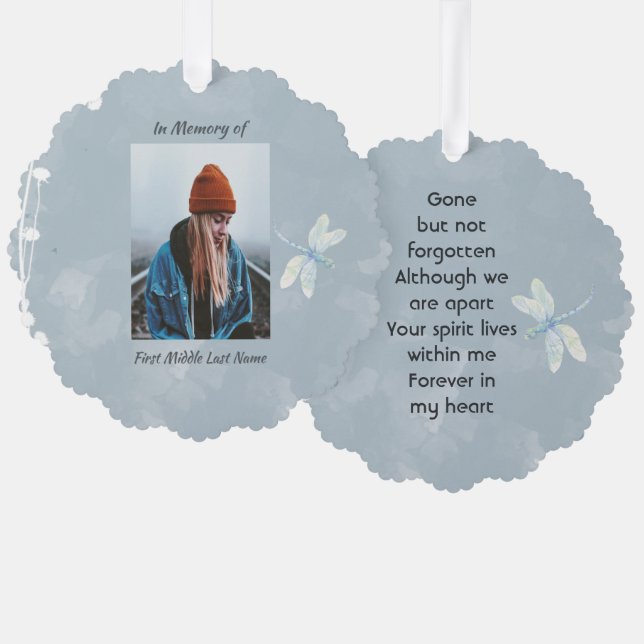 Memorial Keepsake Dragonfly White Flower Ornament Card (Front/Back)