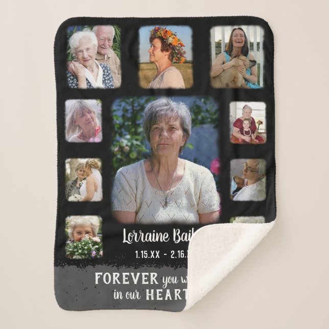 Memorial Keepsake Edge Fade Photo Collage Blk Grey Sherpa Blanket (Front)