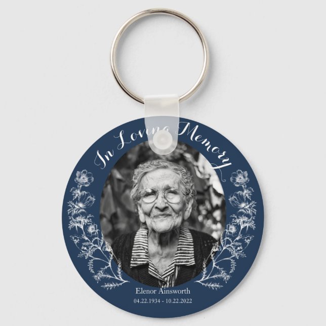 Memorial Keepsake Floral Custom Photo Blue Keychain (Front)