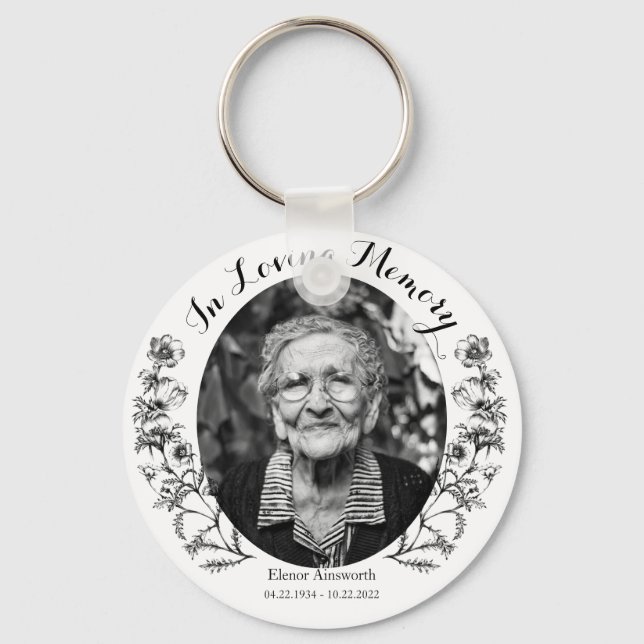 Memorial Keepsake Floral Custom Photo White Keychain (Front)