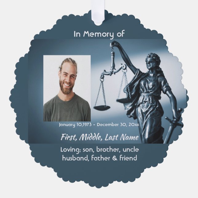 Memorial Keepsake Scales Justice Law Ornament Card (Front)