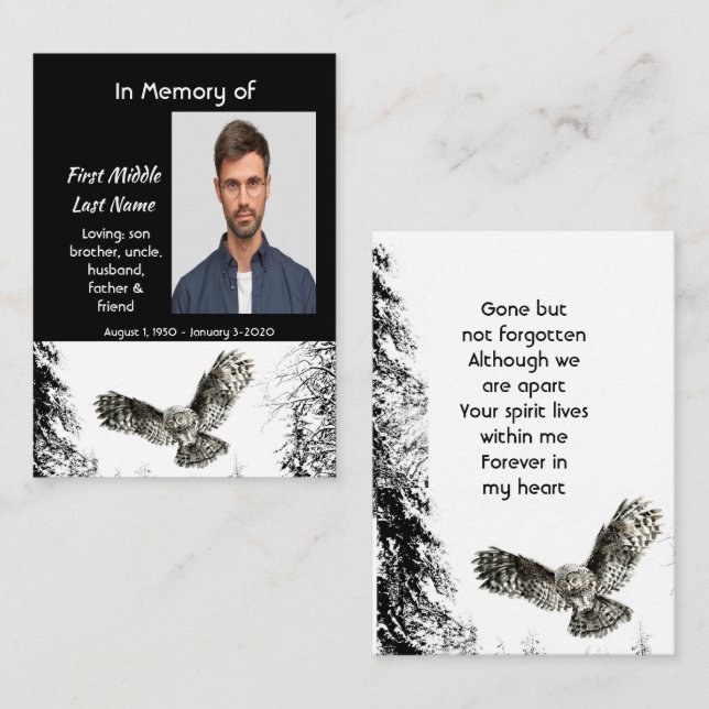 Memorial Keepsake Watercolor Owl Bird Business Card (Front/Back)