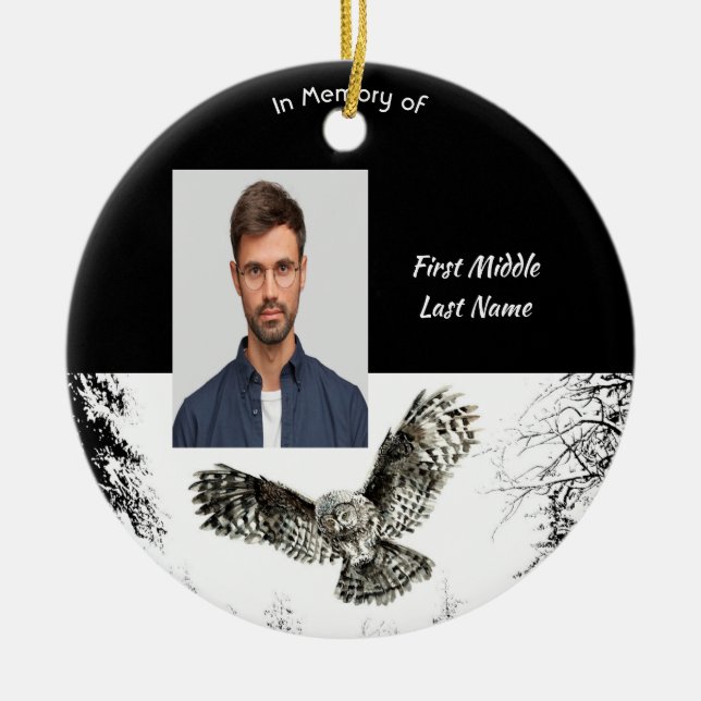 Memorial Keepsake Watercolor Owl Bird Ceramic Ornament (Front)