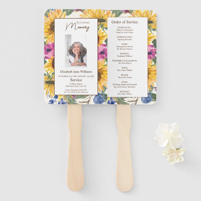 Memorial Loving Memory Sunflower Order of Service Hand Fan (Front and Back)