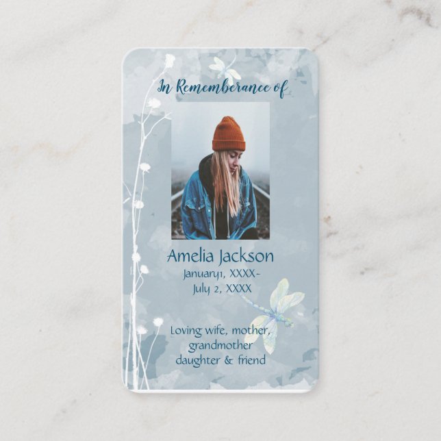 Memorial Memory Card Dragonfly White Flower (Front)