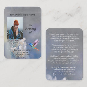 Memorial Memory Card Hummingbird White Flowers