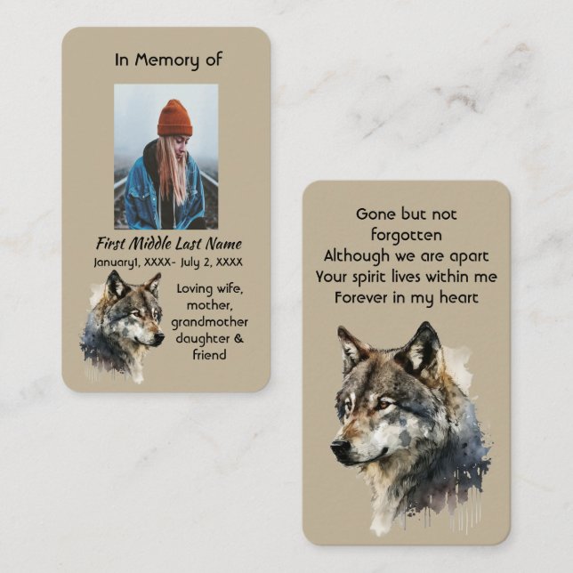 Memorial Memory Card Watercolor Wolf Animals (Front/Back)