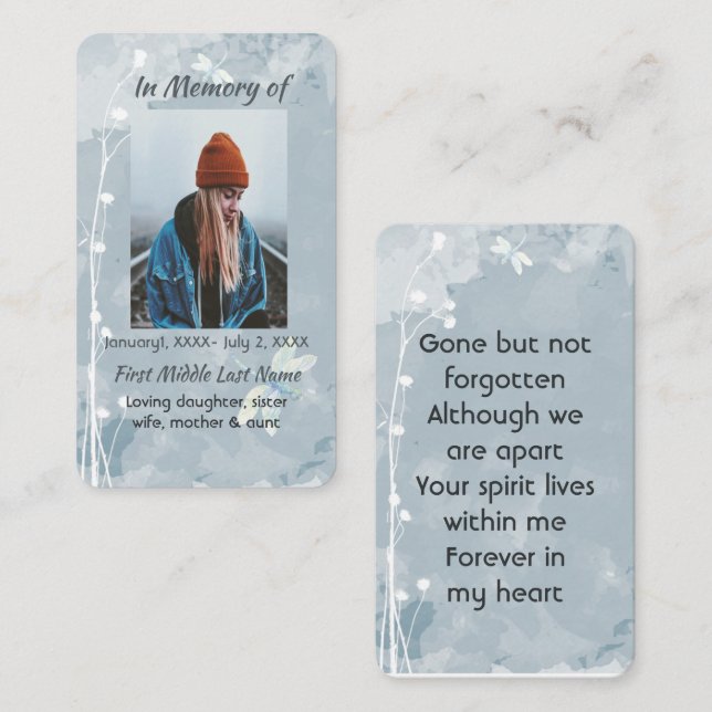 Memorial Memory Keepsake Dragonfly White Flower Business Card (Front/Back)