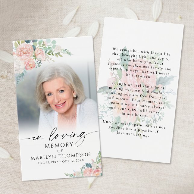 Memorial Modern Pink Floral Photo Prayer Card (Creator Uploaded)
