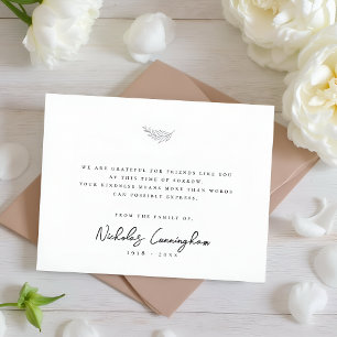 Memorial Modern Simple Elegant Black & White Leaf Thank You Card