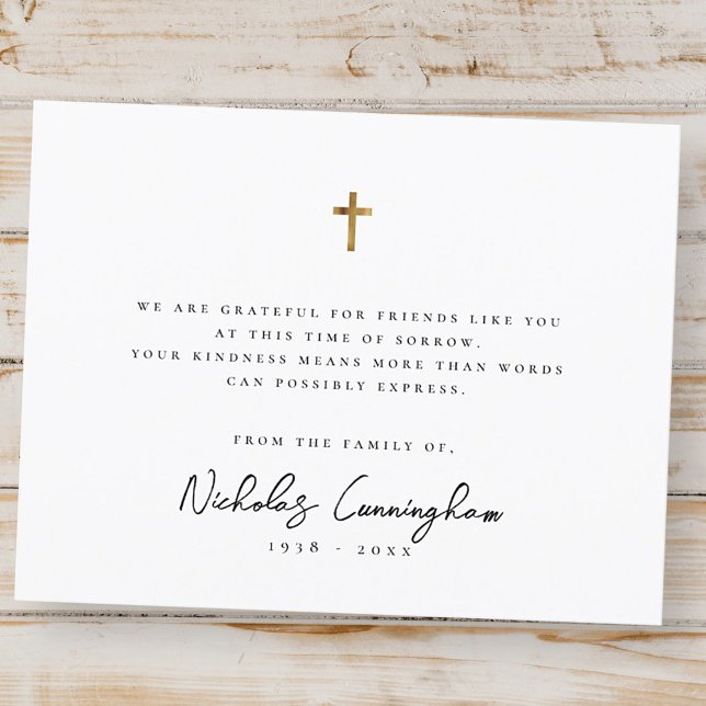Memorial Modern Simple Elegant Gold Cross Thank You Card (Creator Uploaded)