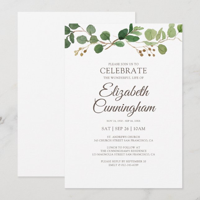 Memorial Modern Simple Greenery Foliage Botanicals Invitation (Front/Back)