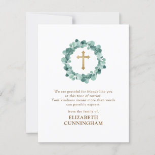 Memorial Modern Watercolor Wreath Gold Cross Thank You Card