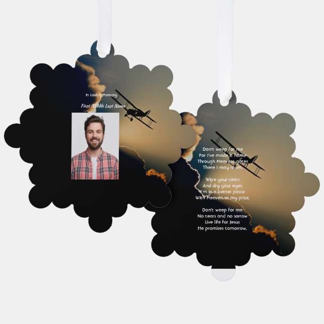 Memorial Photo Christian Pilot Airplane Flying  Ornament Card (Front/Back)