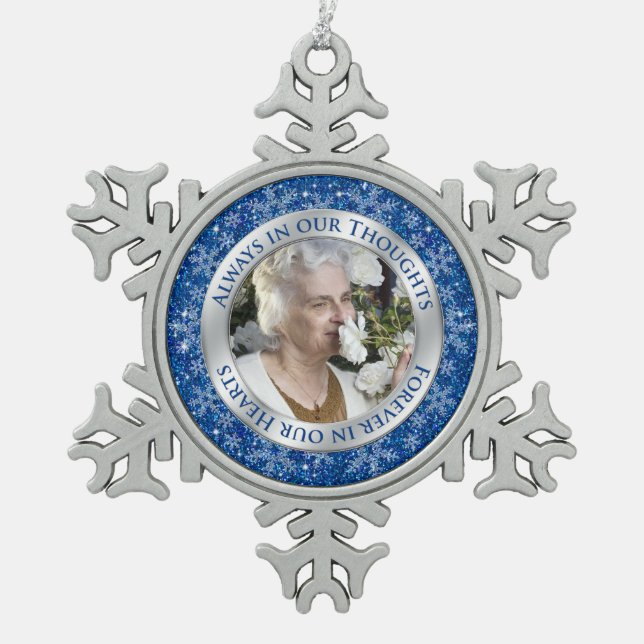 Memorial Photo Christmas Blue Silver Snowflake Pewter Christmas Ornament (Front)