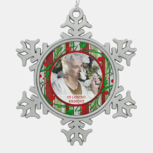 Memorial Photo Christmas Holly Berries Snowflake Pewter Christmas Ornament