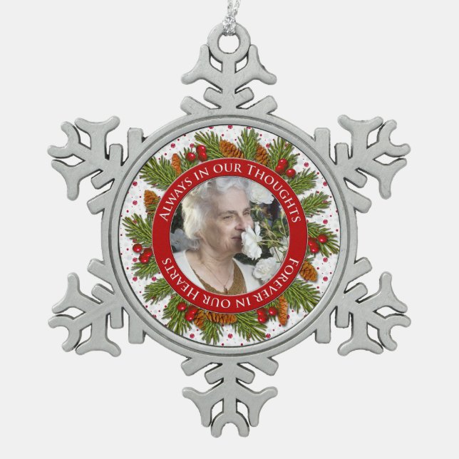 Memorial Photo Christmas Pine Boughs Holly Snowflake Pewter Christmas Ornament (Front)